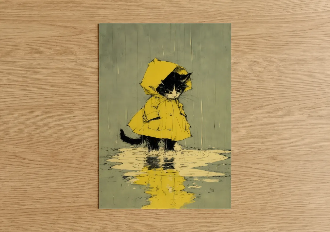 Black and White Cat in Yellow Raincoat Wall Art