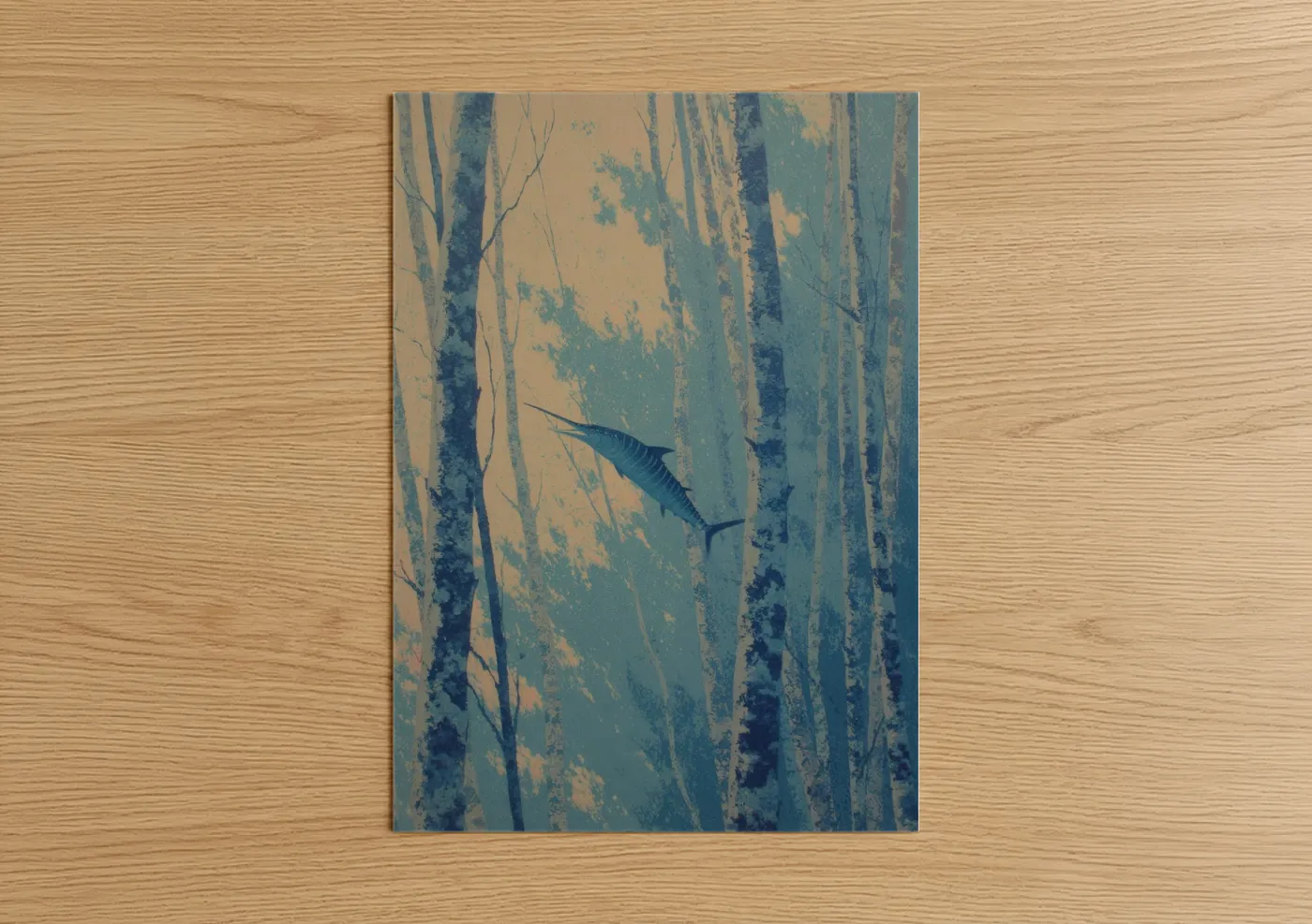 Art print on warm oak wood — blue and beige palette — Striped Marlin poster