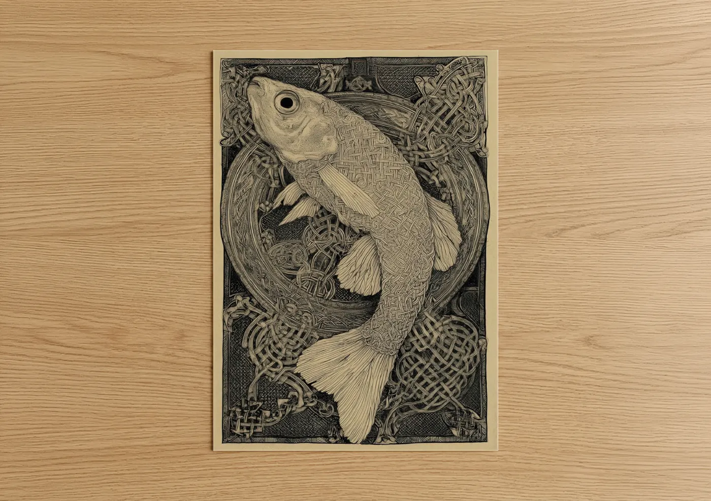 Art print on warm oak wood — cream and black palette — Ornamental Zebrafish poster