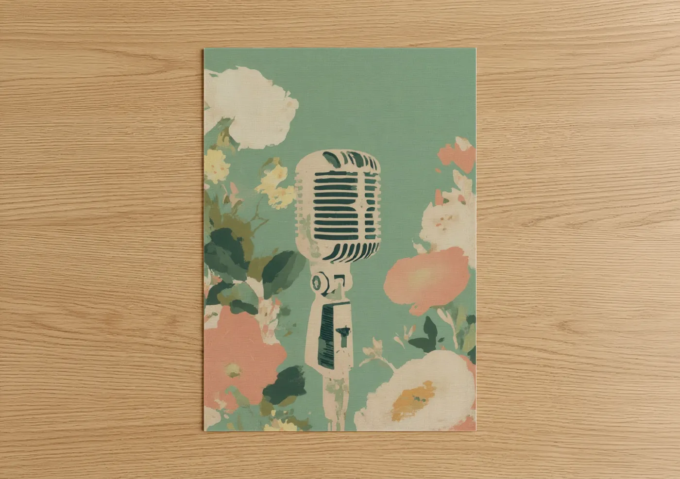 Art print on warm oak wood — sage green and cream palette — Vintage Microphone Blooms poster