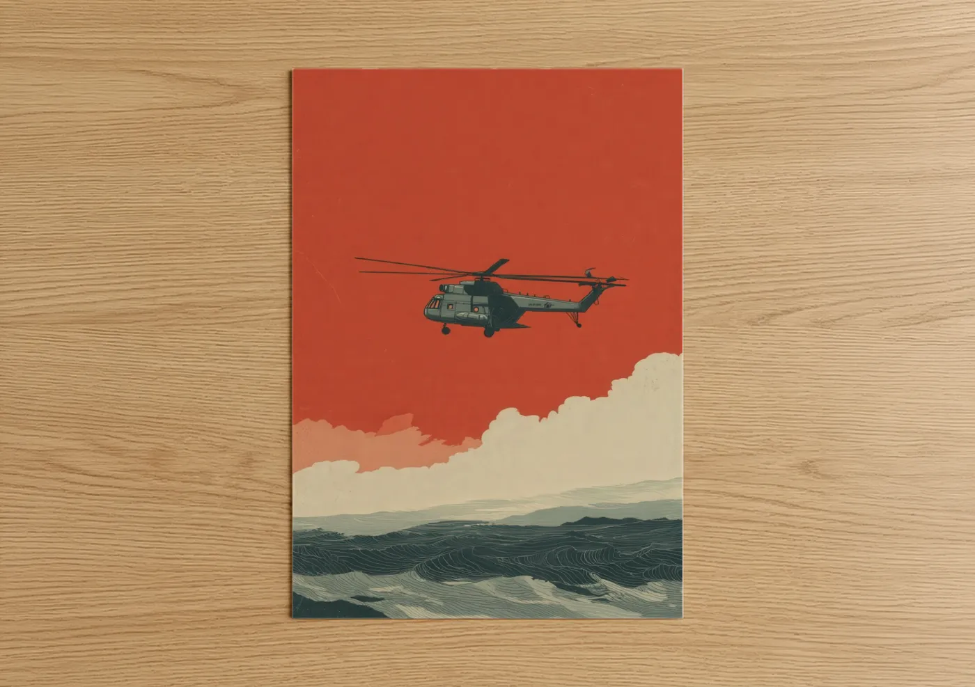 Vintage Helicopter Ocean Illustration Wall Art