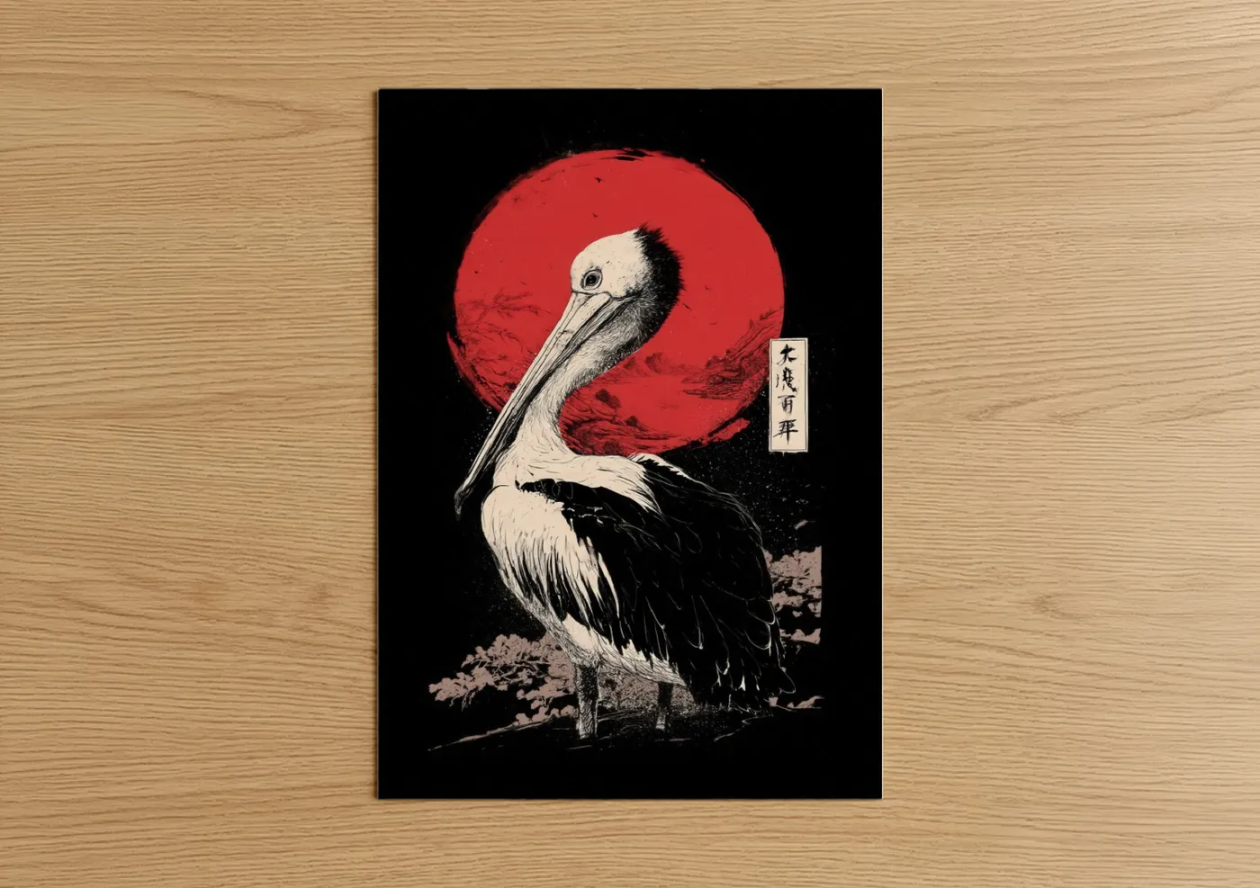Art print on warm oak wood — red and black and white palette — Crimson Pelican poster