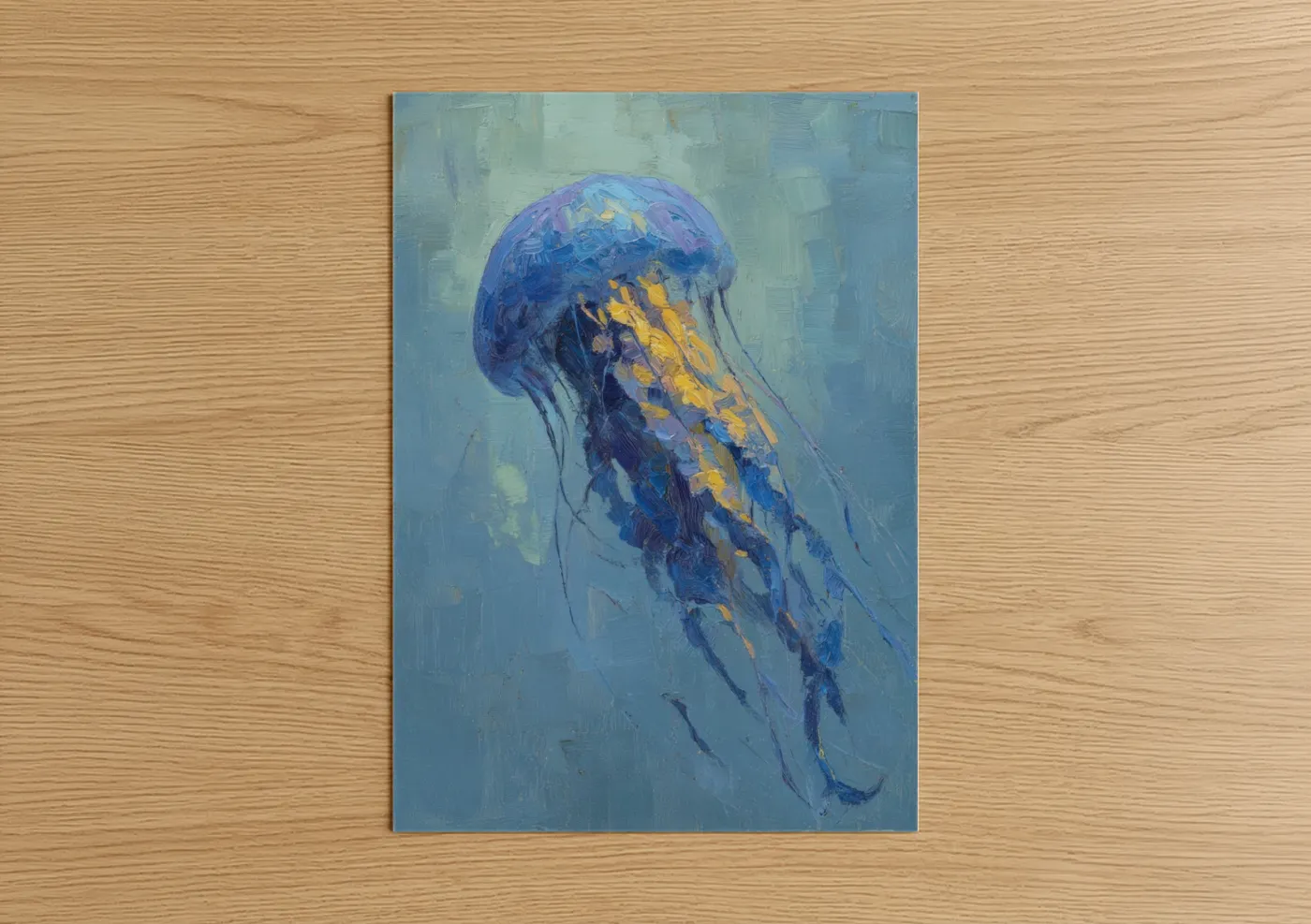 Golden Jellyfish Ocean Blue Watercolor Wall Art