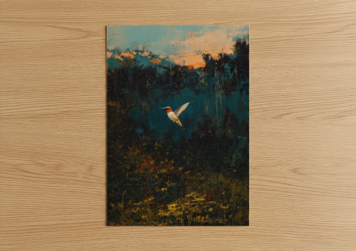 Golden Hummingbird Sunset Forest Wall Art
