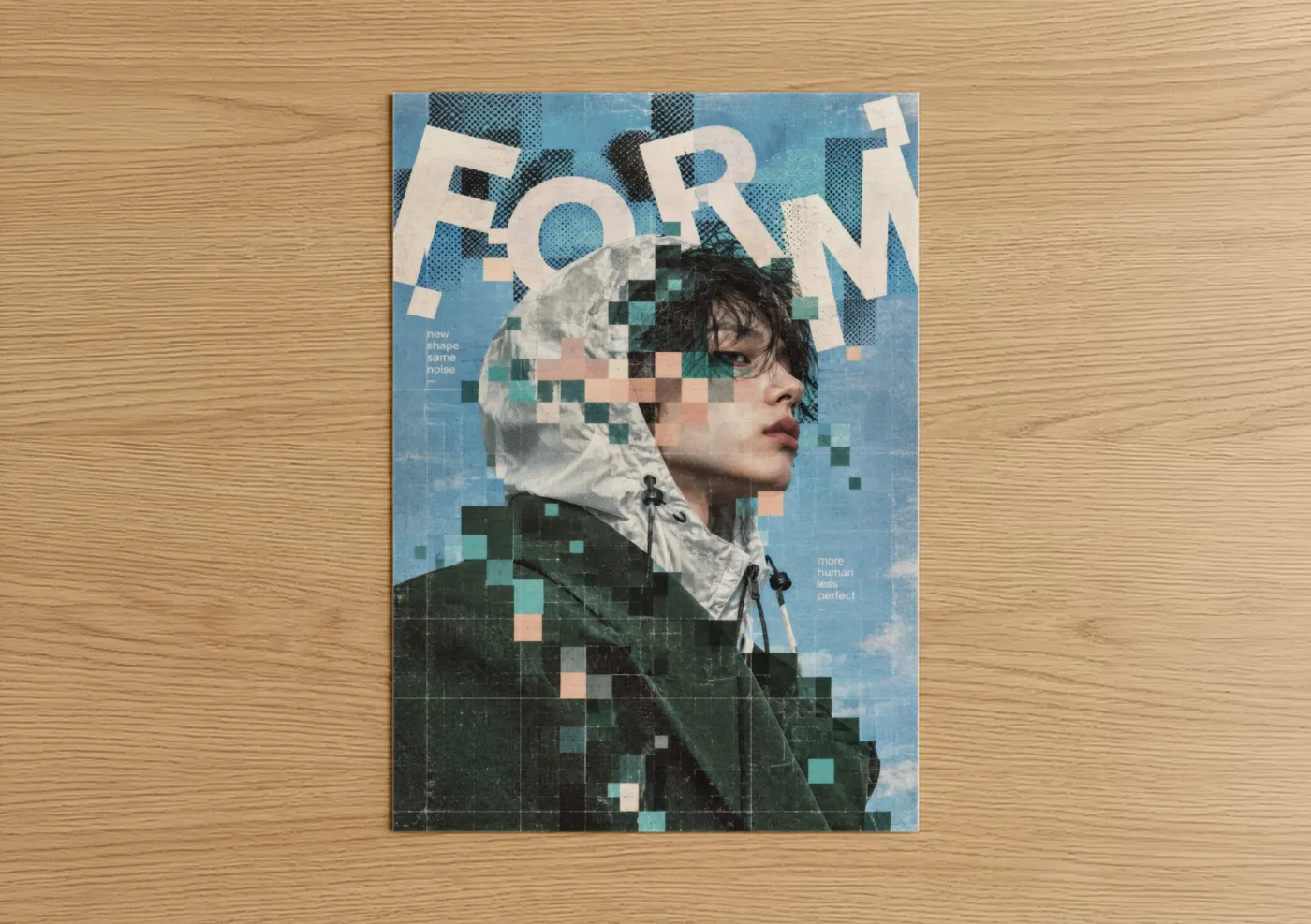 Abstract geometric art print on warm oak wood — blue and teal palette — Geometric Portrait Fashion Wall Art poster