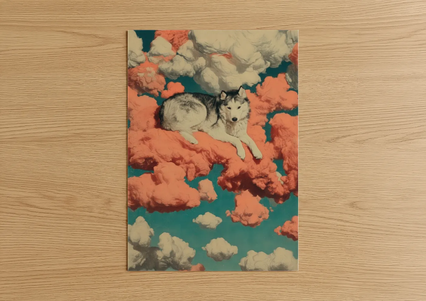Art print on warm oak wood — salmon pink and teal palette — Dreaming Husky poster