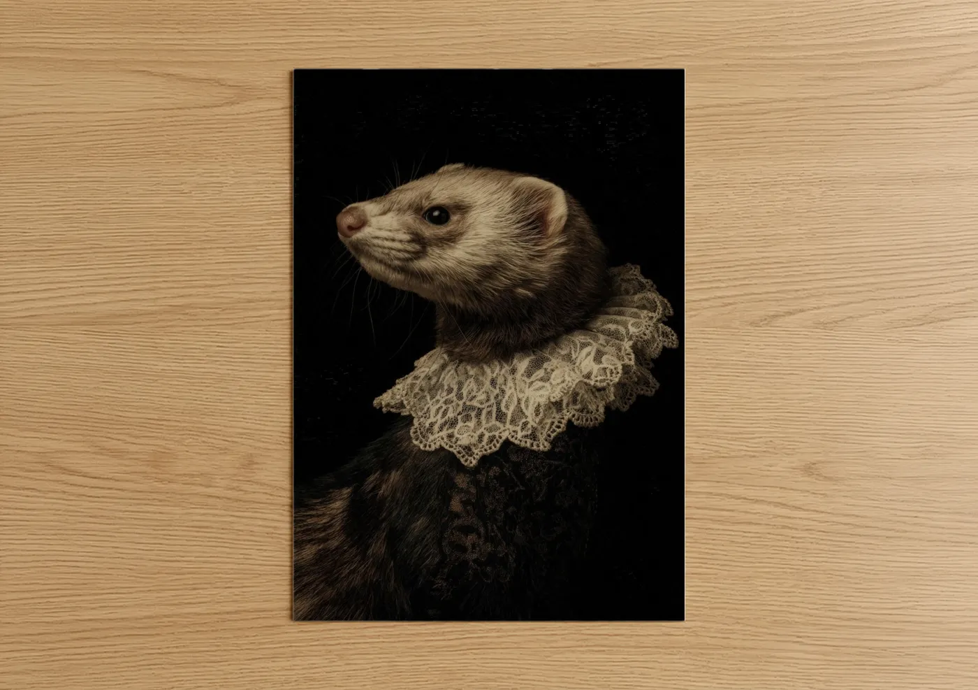 Victorian Weasel Portrait with Lace Collar Wall Art