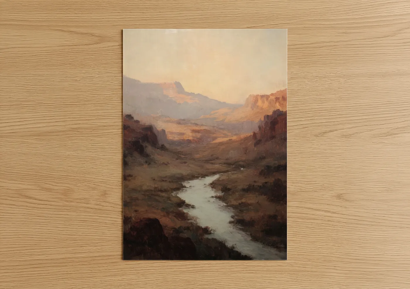 Art print on warm oak wood — russet palette — Desert Canyon Dawn poster