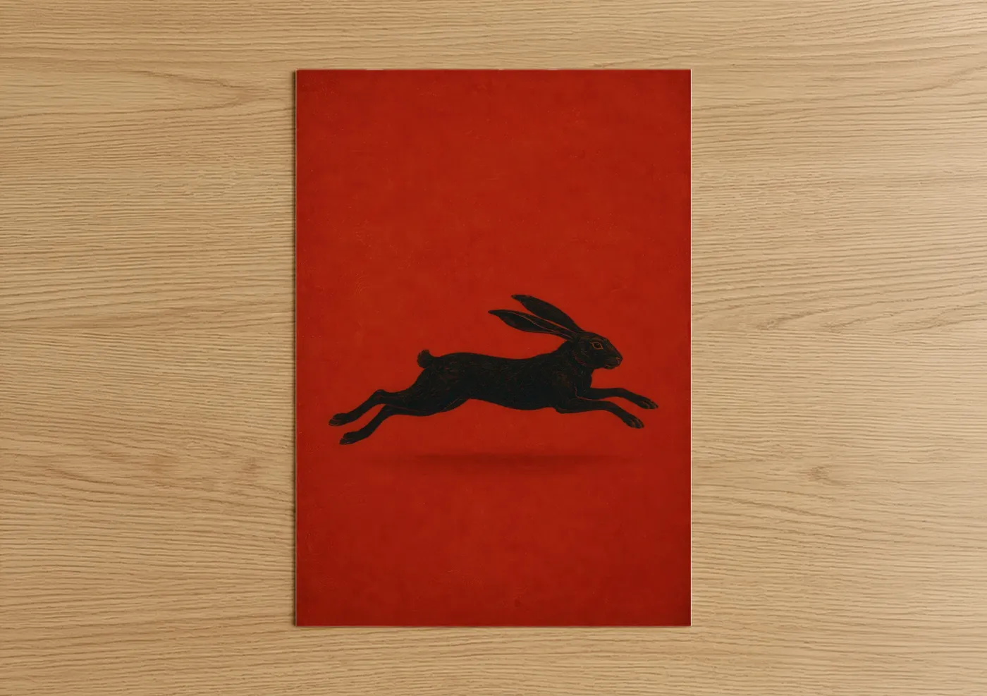 Art print on warm oak wood — red and black palette — Black Rabbit Minimalist Wall Art poster