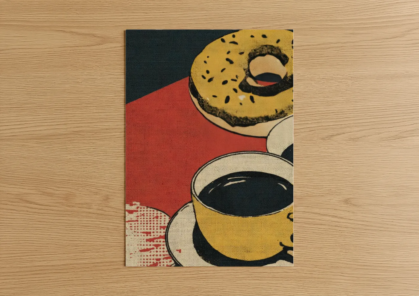 Art print on warm oak wood — yellow gold and red palette — Retro Breakfast Spread poster