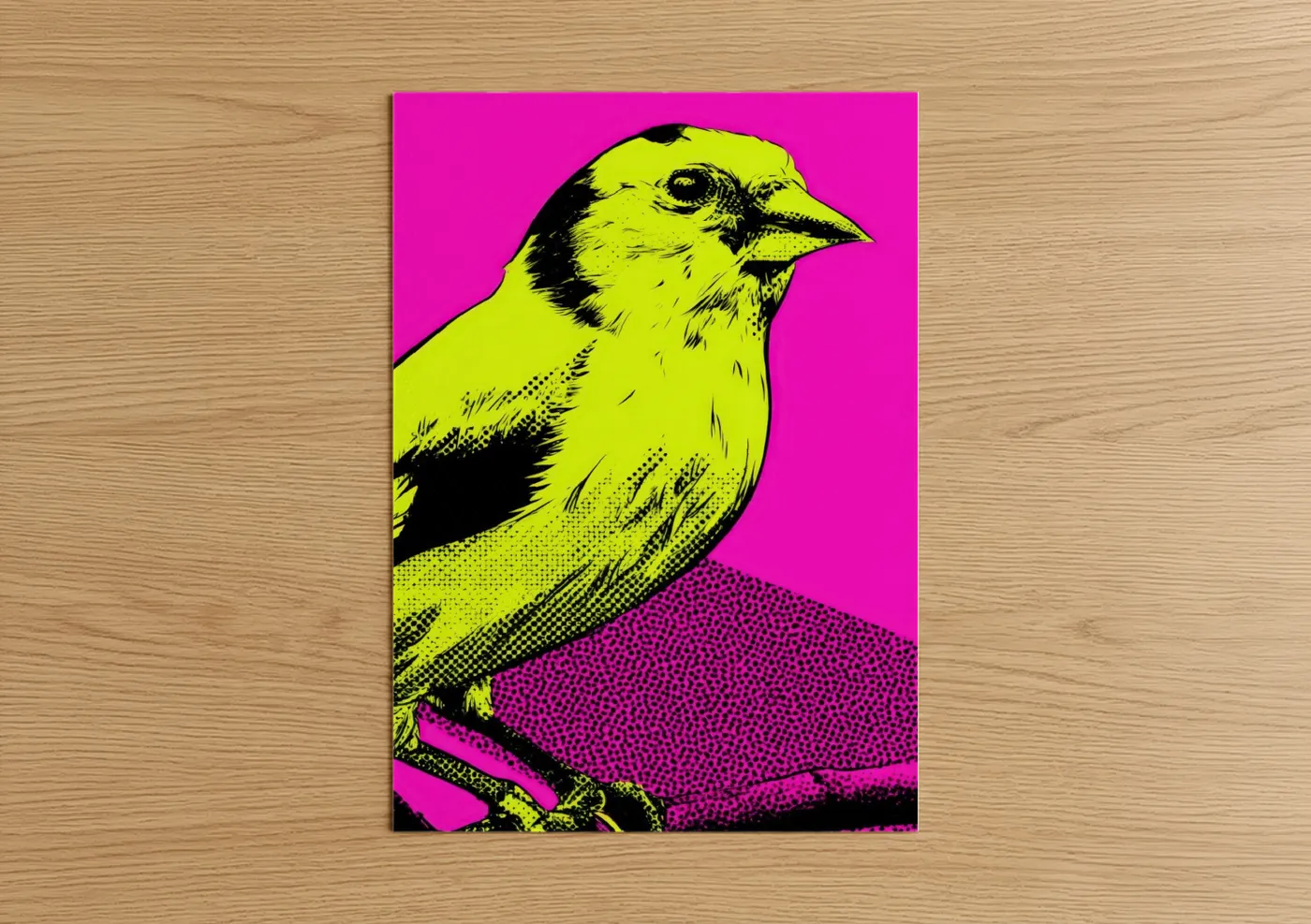 Canaries art print on warm oak wood — magenta and yellow palette — Neon Canary poster
