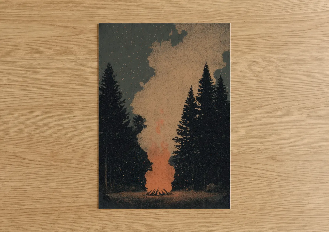 Starlit Campfire Forest Night Scene Wall Art