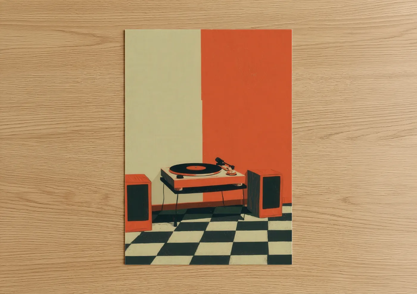 Vinyl records art print on warm oak wood — orange and cream palette — Retro Turntable Setup poster