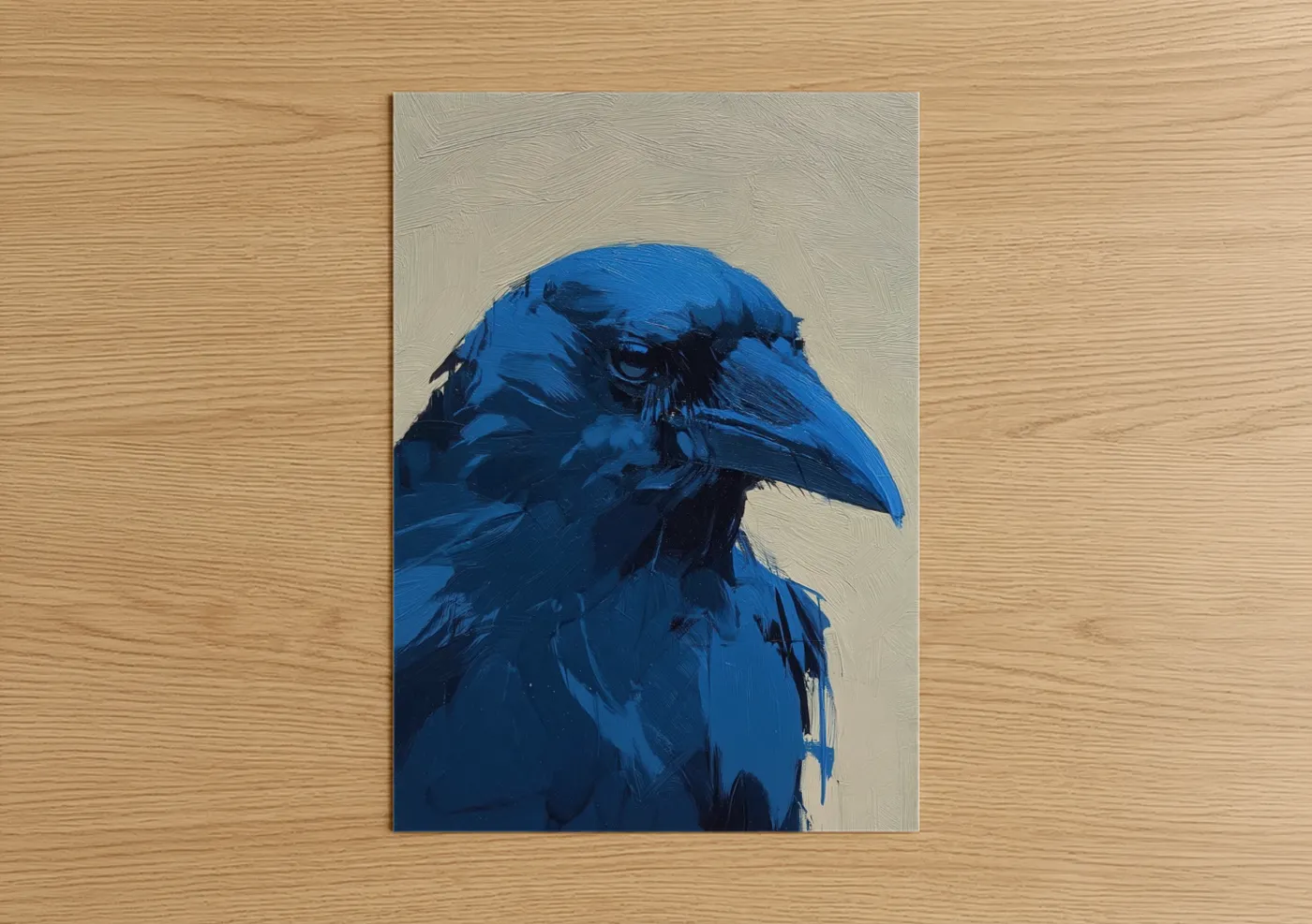 Crows and ravens art print on warm oak wood — blue and beige palette — Azure Raven poster