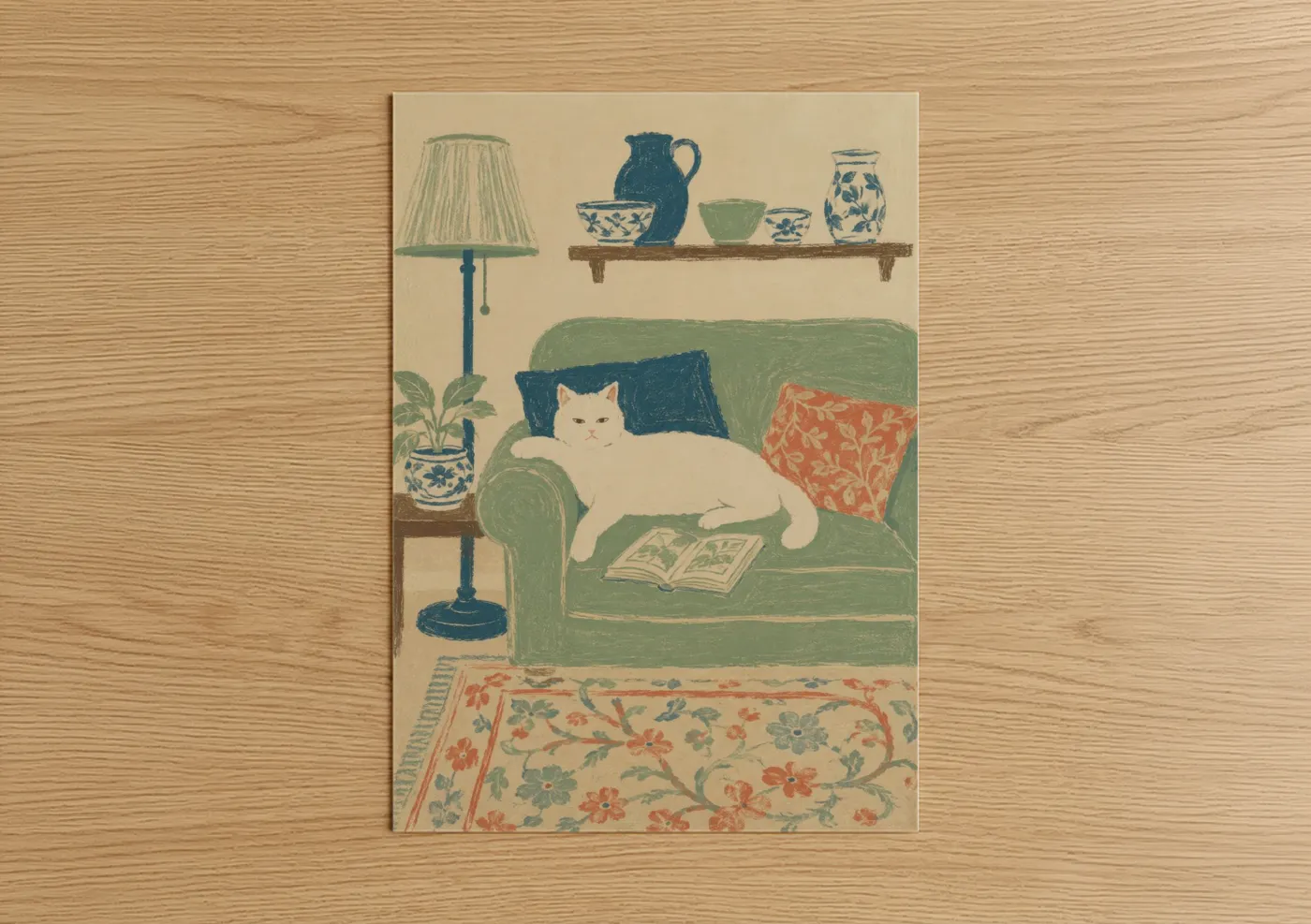 Art print on warm oak wood — sage green and blue palette — Cozy Reading Cat Wall Art poster