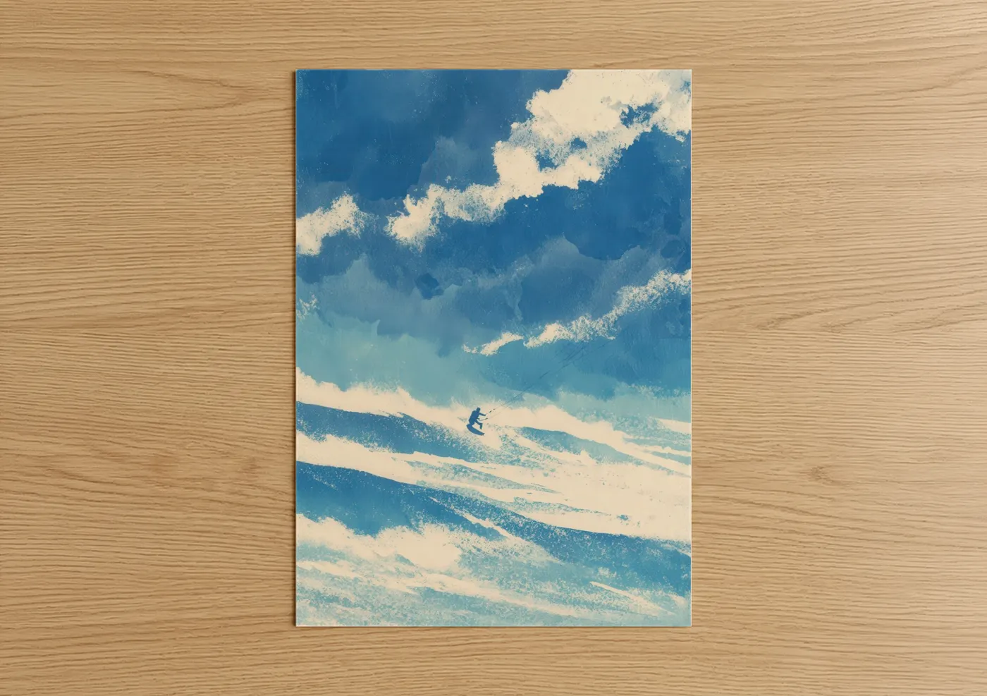 Kite surfing art print on warm oak wood — blue and cream palette — Sky Rider Kite poster
