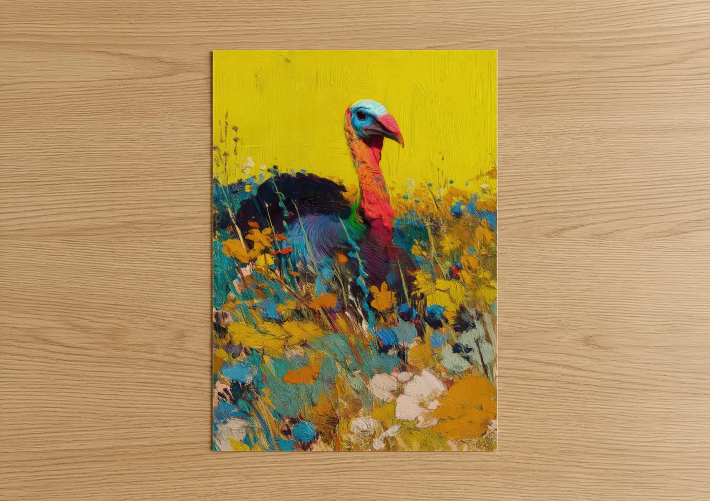 Art print on warm oak wood — yellow gold and blue palette — Colorful Turkey Meadow poster