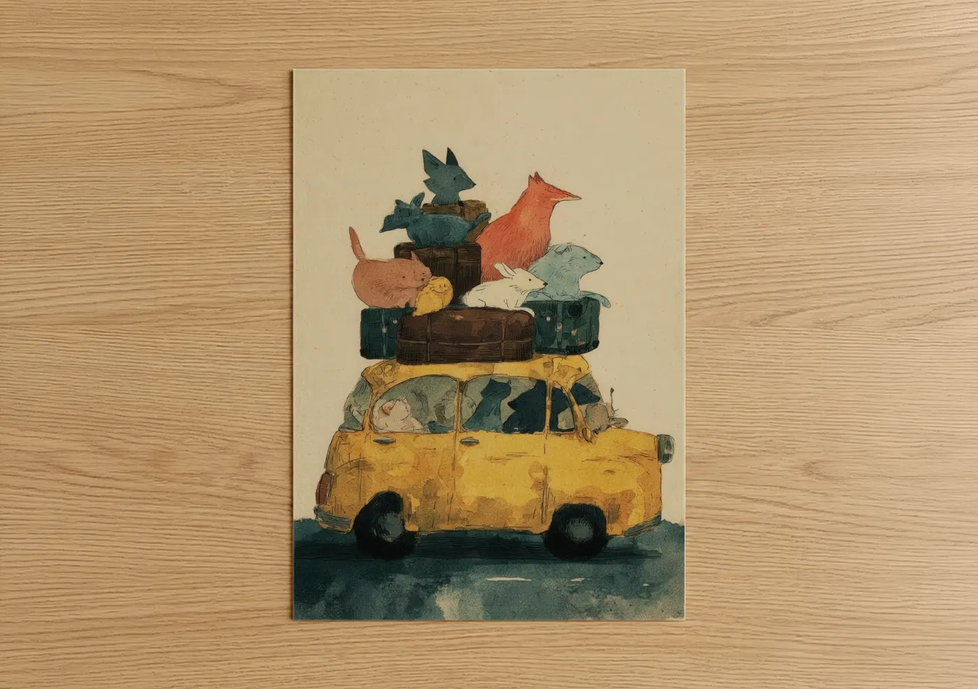 Whimsical Taxi with Animals Illustration Wall Art
