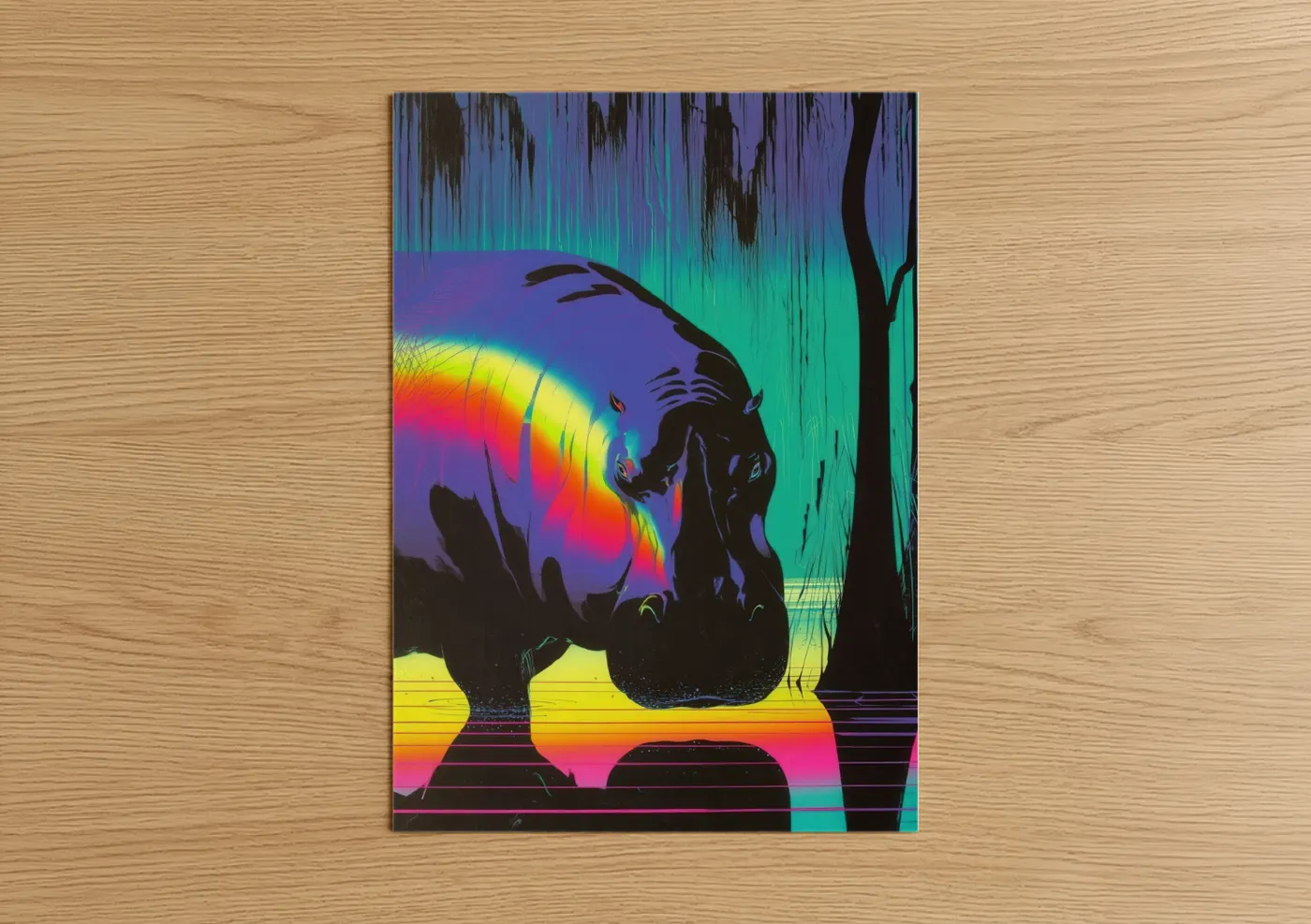 Art print on warm oak wood — magenta palette — Neon Hippo poster