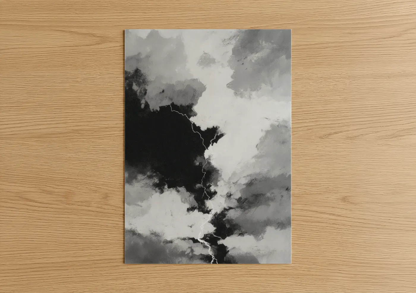 Art print on warm oak wood — black and white palette — Dramatic Lightning Storm poster