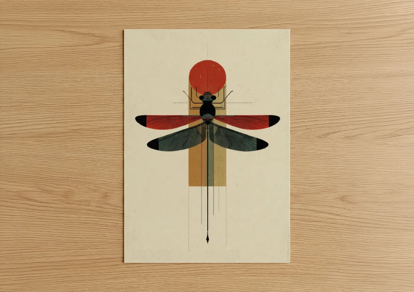 Art print on warm oak wood — gold and red palette — Geometric Dragonfly poster