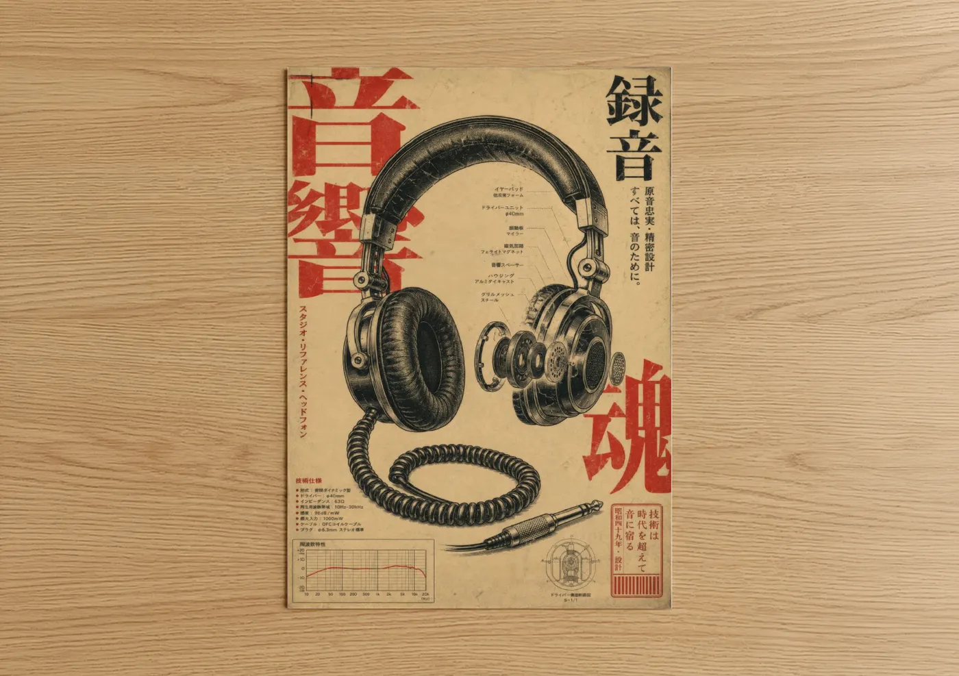 Art print on warm oak wood — beige and black and red palette — Vintage Japanese Headphones Blueprint Wall Art poster