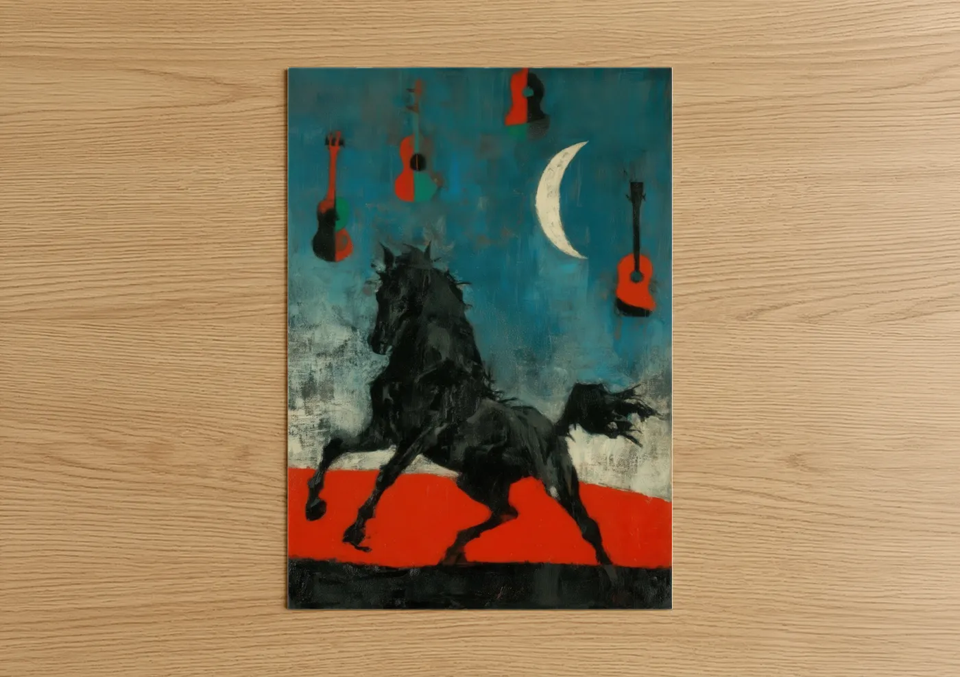 Andalusian horse art print on warm oak wood — teal and black and red palette — Midnight Andalusian poster