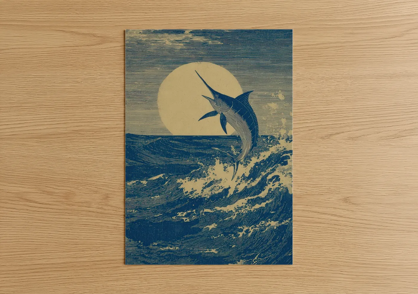 Blue marlin art print on warm oak wood — blue and cream palette — Leaping Marlin poster