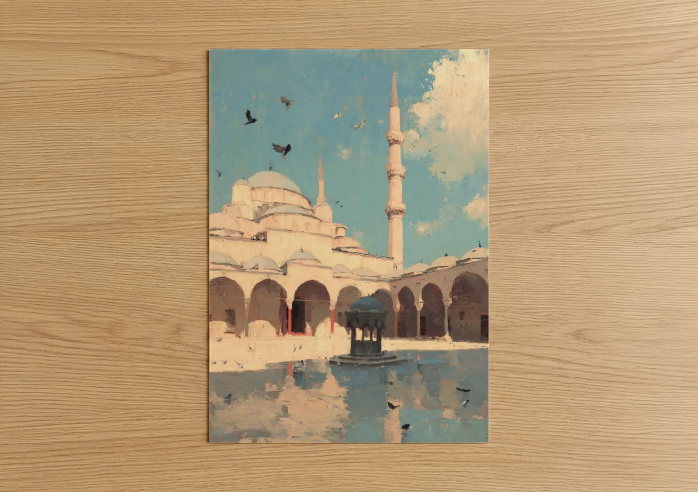 Islam art print on warm oak wood — cream and blue and white palette — Courtyard Mosque poster