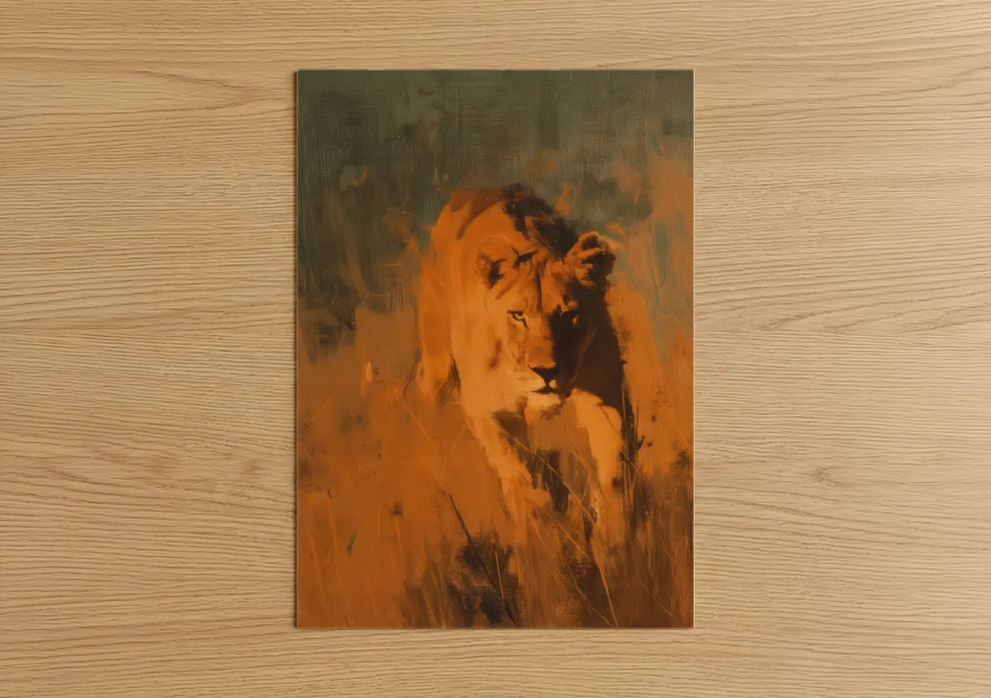 Art print on warm oak wood — gold and orange palette — Golden Lion poster