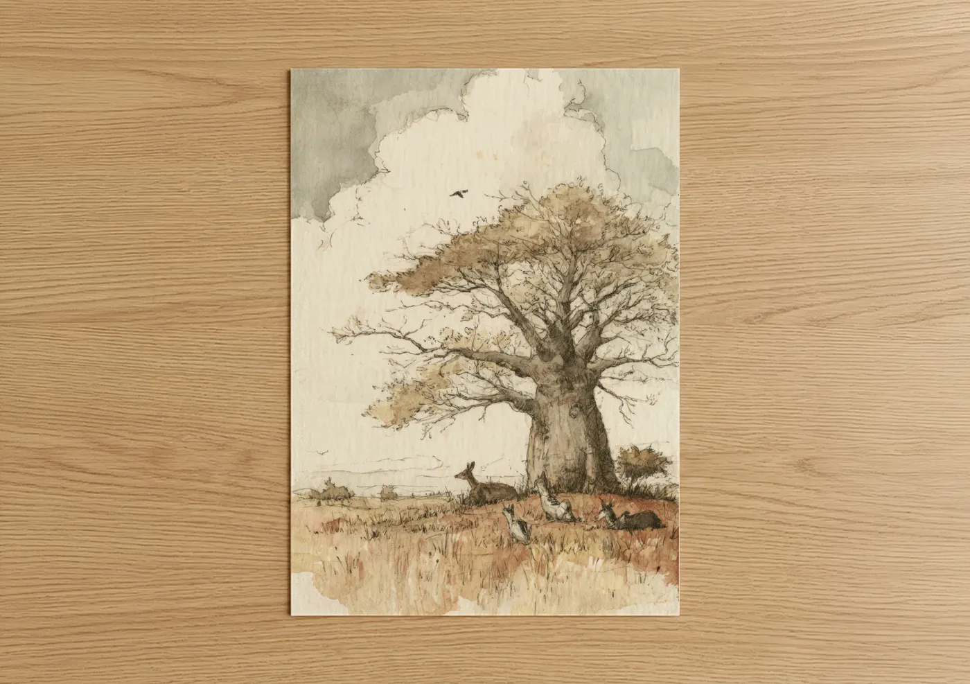 Ancient Baobab Tree Savanna Watercolor Wall Art