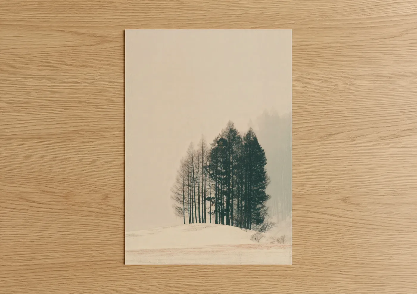 Art print on warm oak wood — cream and dove gray palette — Misty Pine Forest poster