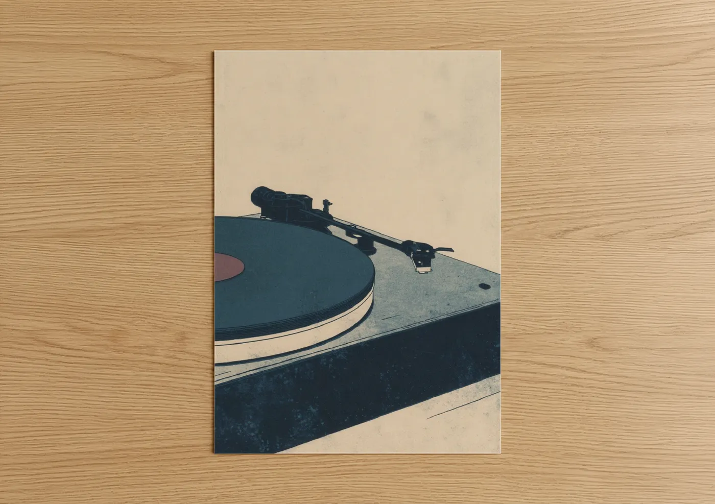 Vinyl records art print on warm oak wood — teal and cream palette — Vintage Turntable poster