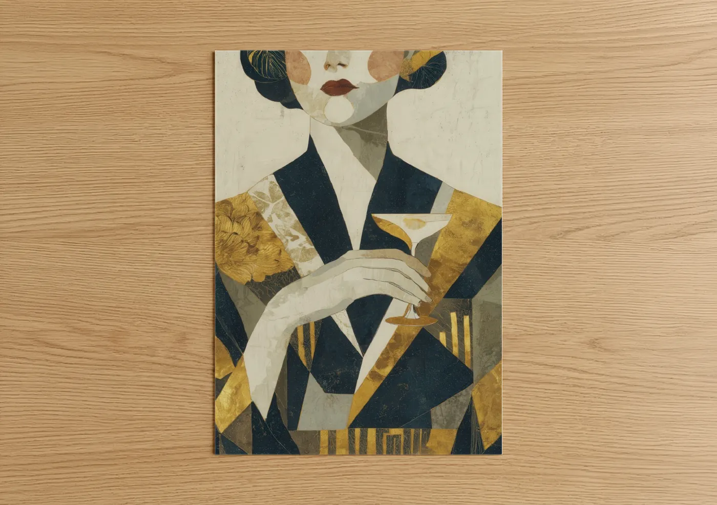 White wine art print on warm oak wood — gold and dark blue palette — Elegant Wine Moment poster