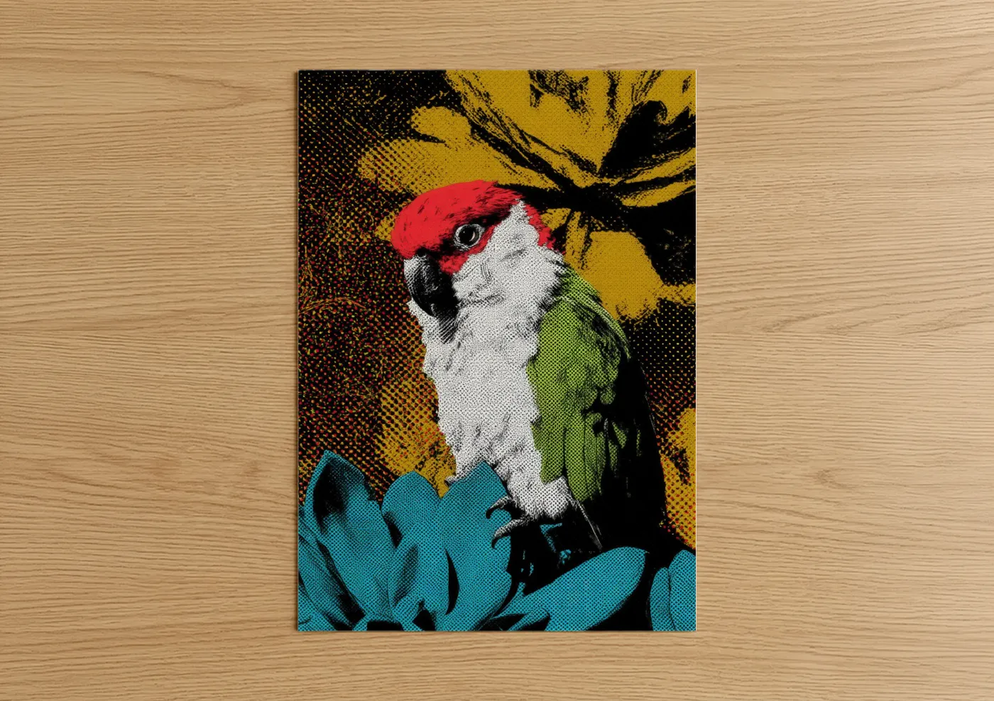 Safari parrots art print on warm oak wood — yellow gold and black and red palette — Crimson Macaw Portrait poster
