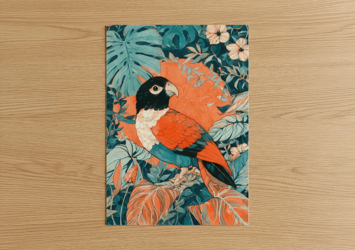 Art print on warm oak wood — teal and orange palette — Tropical Kiwi poster