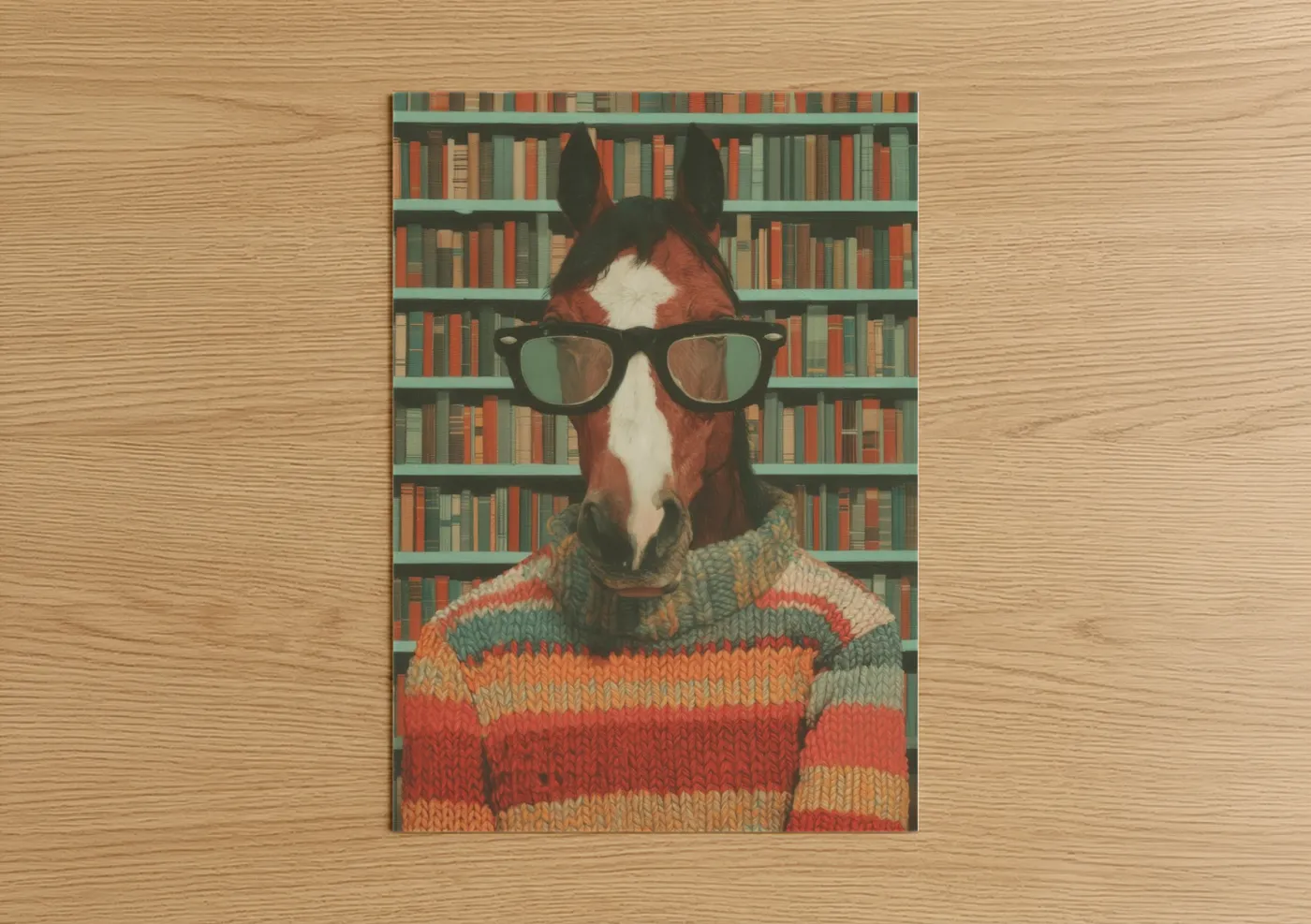 Art print on warm oak wood — sage green palette — Intellectual Quarter Horse poster