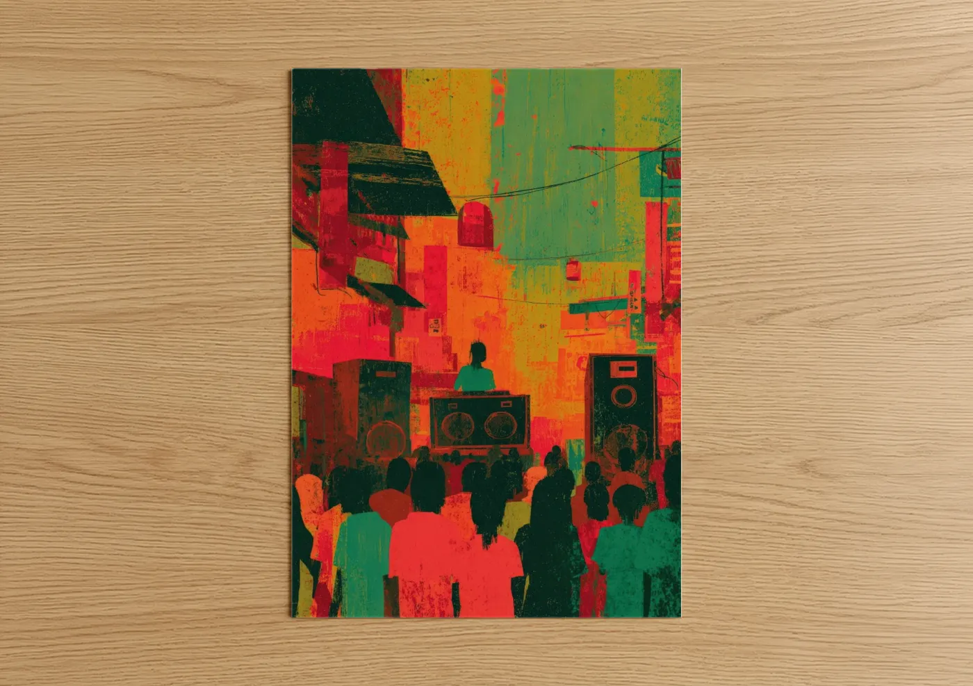 Art print on warm oak wood — red and orange palette — Reggae Festival Crowd poster
