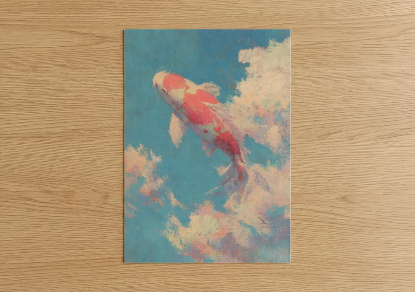 Koi fish art print on warm oak wood — blue and cream palette — Crimson Koi Dream poster