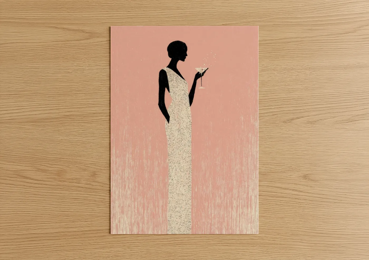 New years eve art print on warm oak wood — peach and black and white palette — Champagne Celebration poster