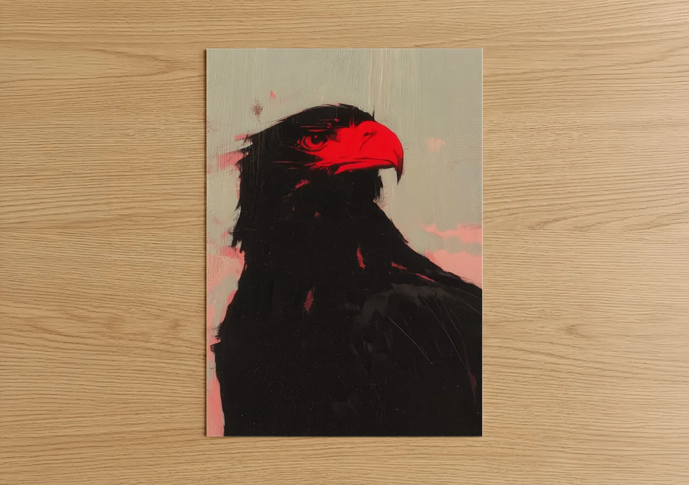 Art print on warm oak wood — red and black palette — Crimson Eagle poster