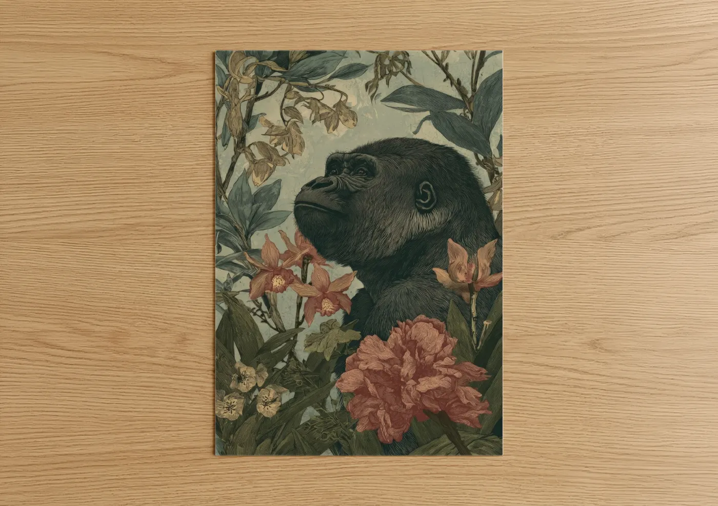 Contemplative Gorilla Botanical Illustration Wall Art