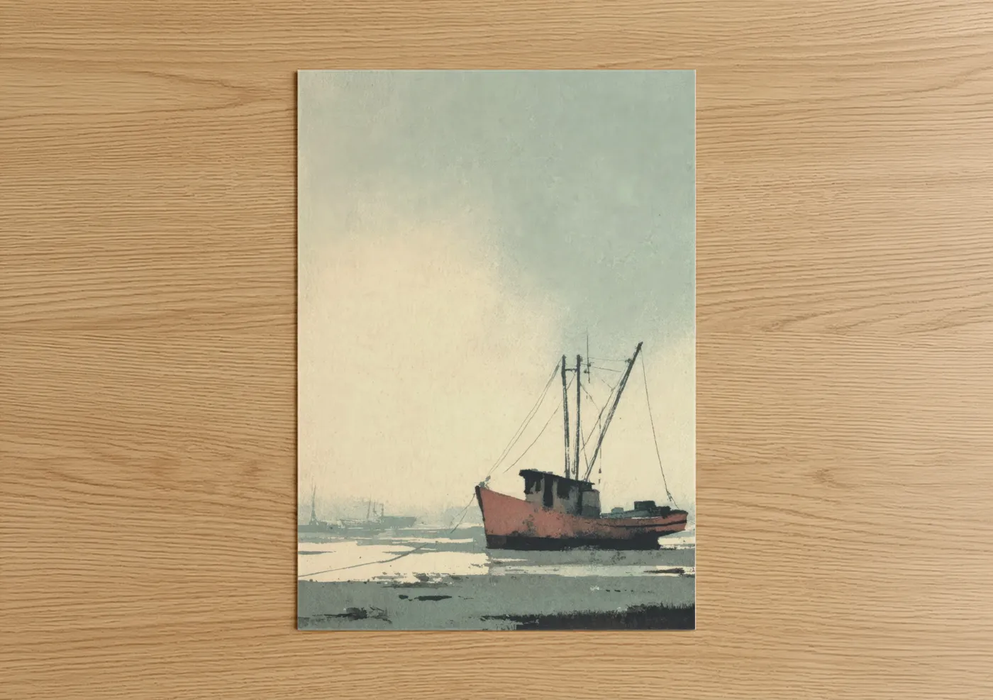 Old ships art print on warm oak wood — russet and gray and white palette — Rustic Harbor Vessel poster