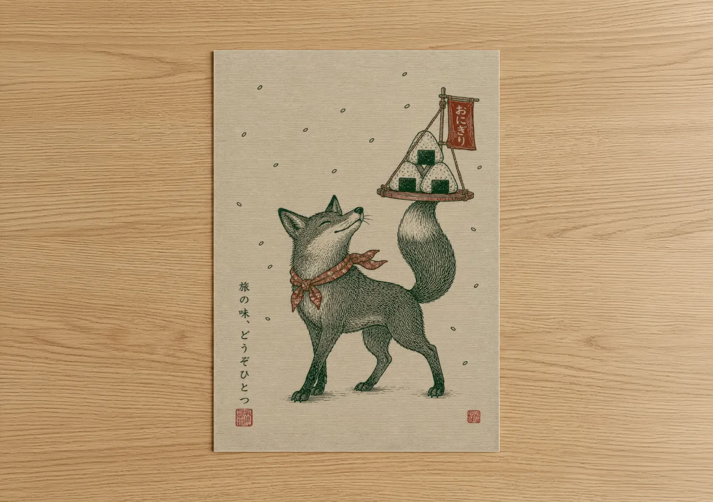 Art print on warm oak wood — beige and green palette — Japanese Fox with Onigiri Wall Art poster