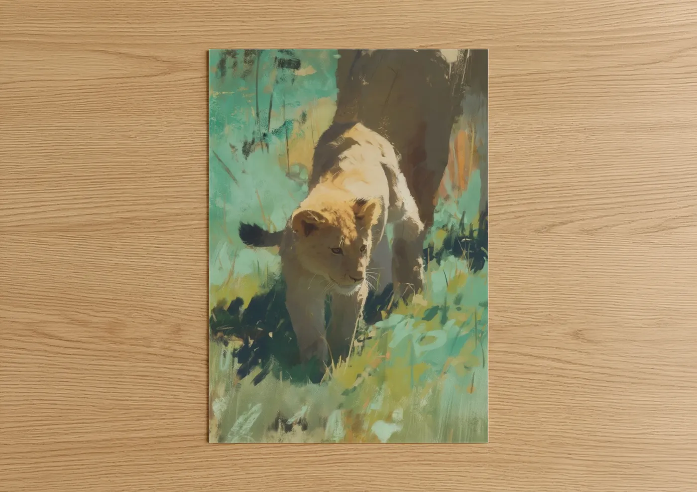 Golden Lion Walking Savanna Watercolor Wall Art