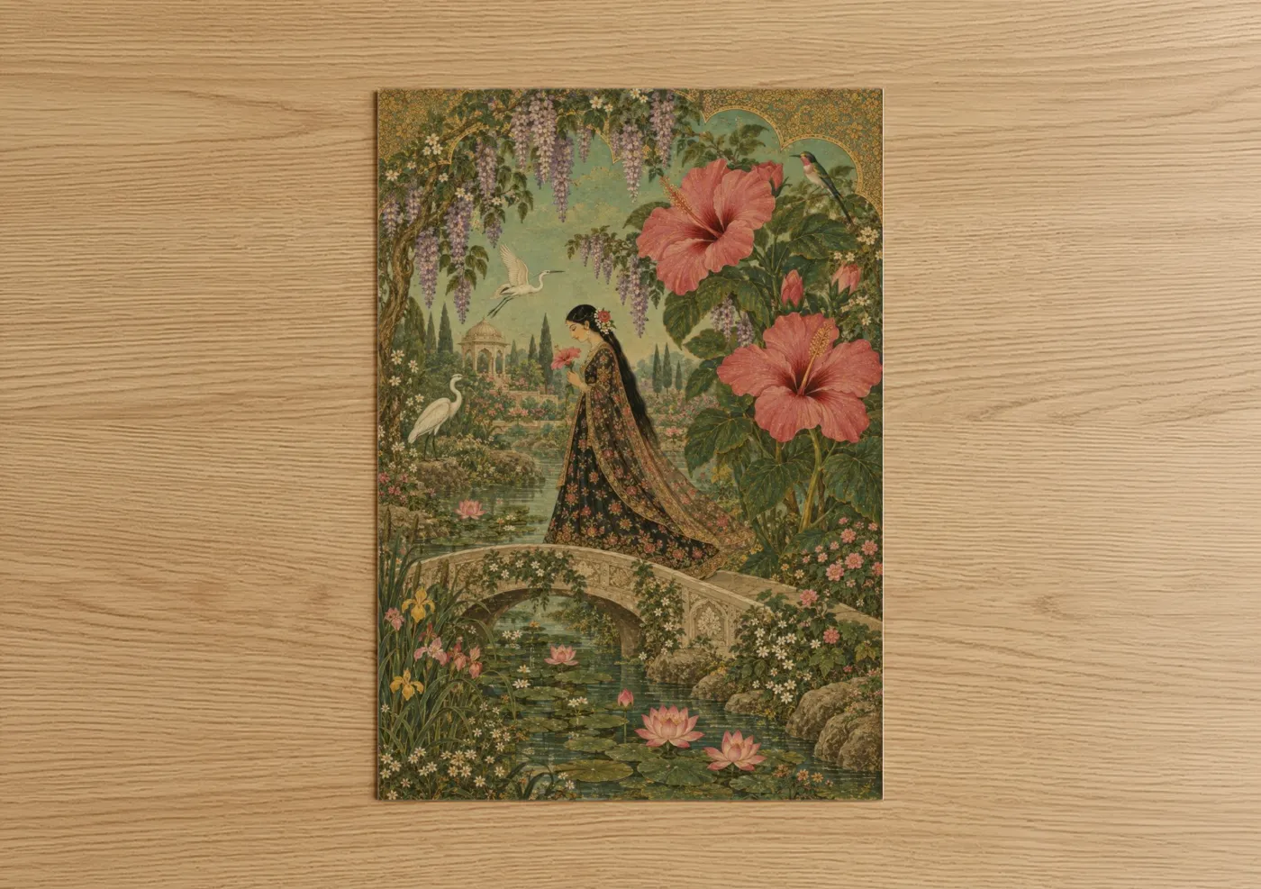 Art print on warm oak wood — peach and gold palette — Asian Garden Hibiscus and Hummingbird Wall Art poster