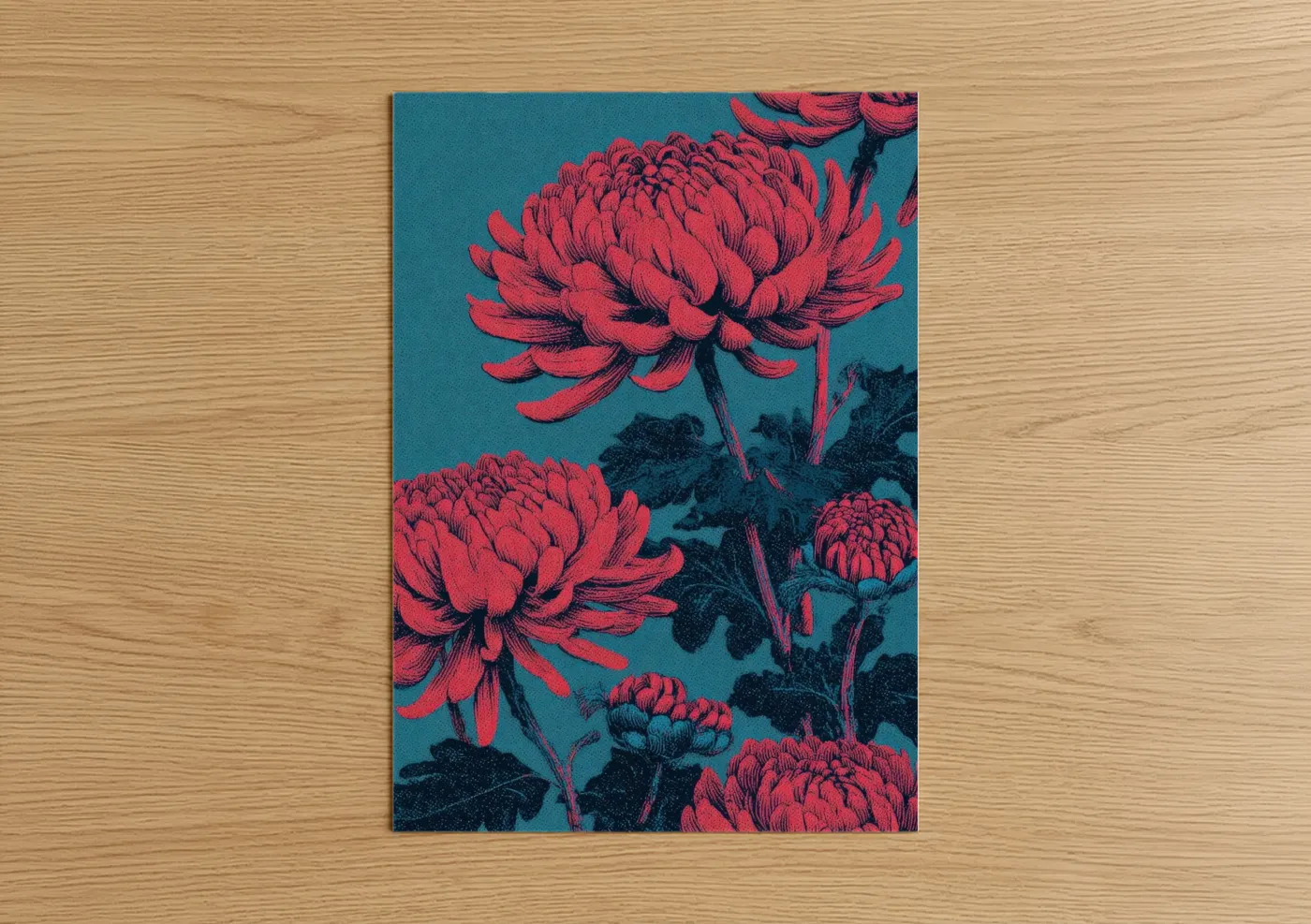 Art print on warm oak wood — magenta and teal palette — Crimson Chrysanthemum poster