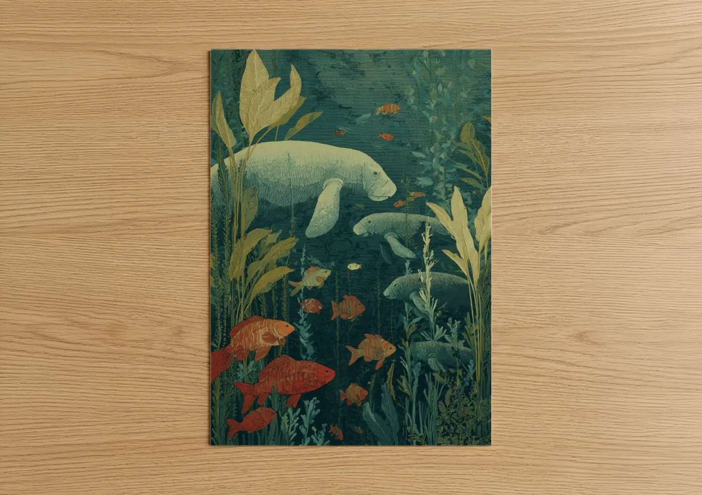 Manatees Underwater Garden Illustration Wall Art