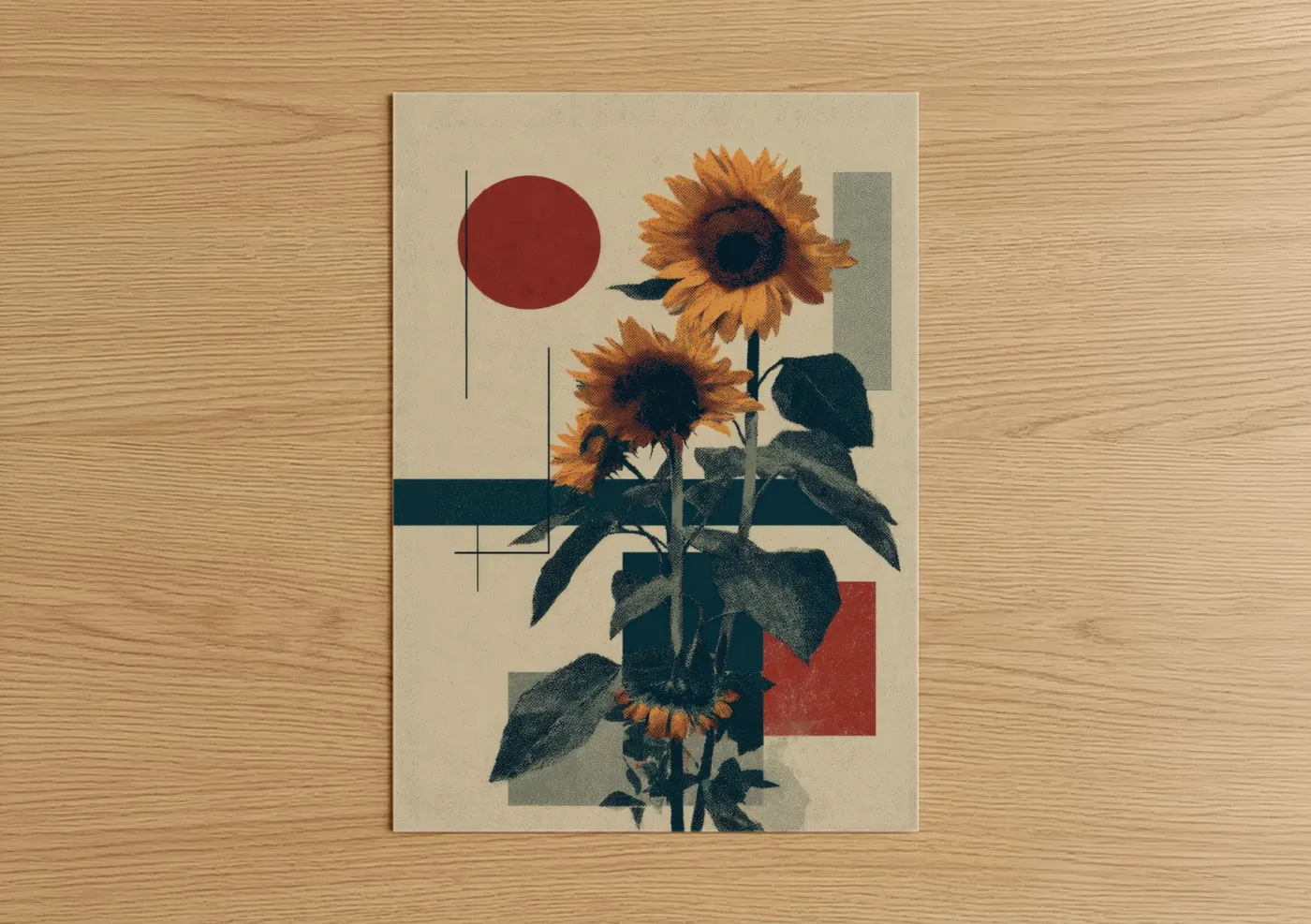 Art print on warm oak wood — gold and maroon palette — Golden Sunflower Geometry poster