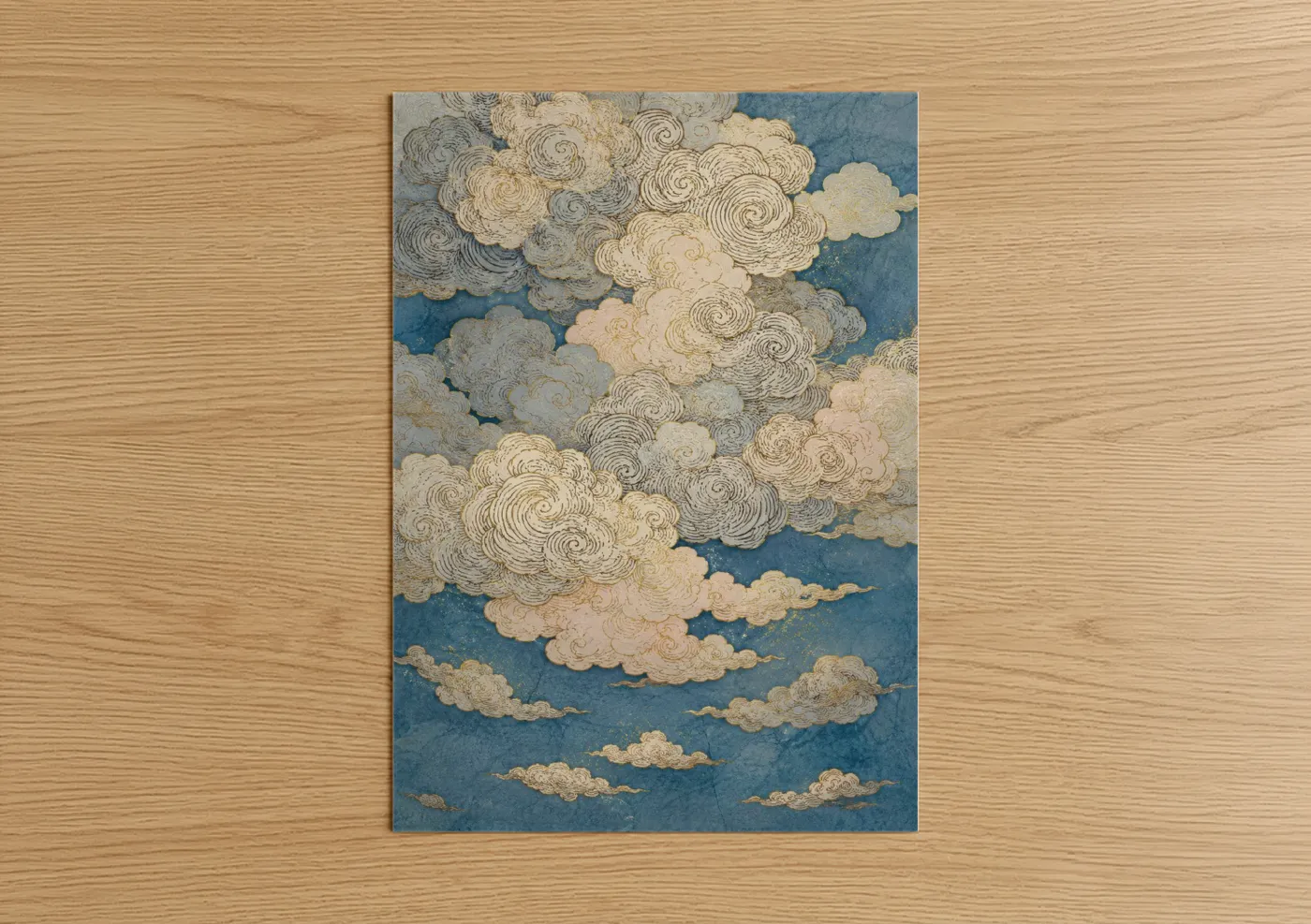 Art print on warm oak wood — blue and gold palette — Japanese Cloud Sky Wall Art poster